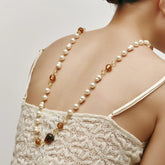 Aurelia Long Necklace Freshwater Pearls & Amber-Tone Crystal Beads